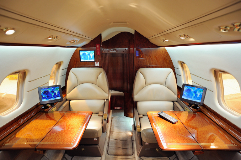 The interior of a private jet.